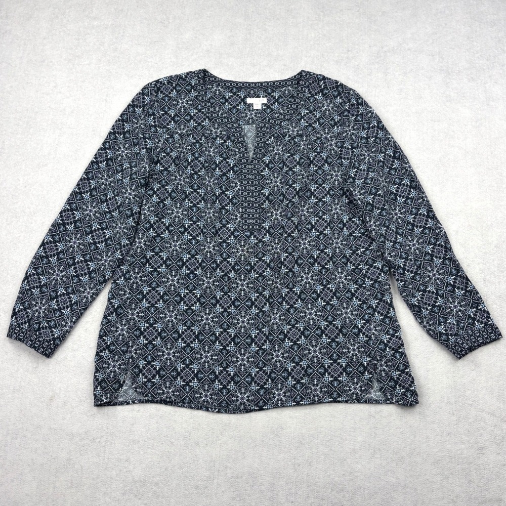 JJill Blouse Womens Large Petite Blue Mosaic Medallion Split Neck Rayon Tunic L